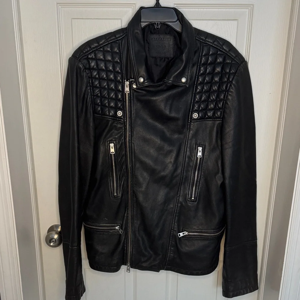 All Saints Mens Black Leather Biker Jacket with Quilted Shoulders